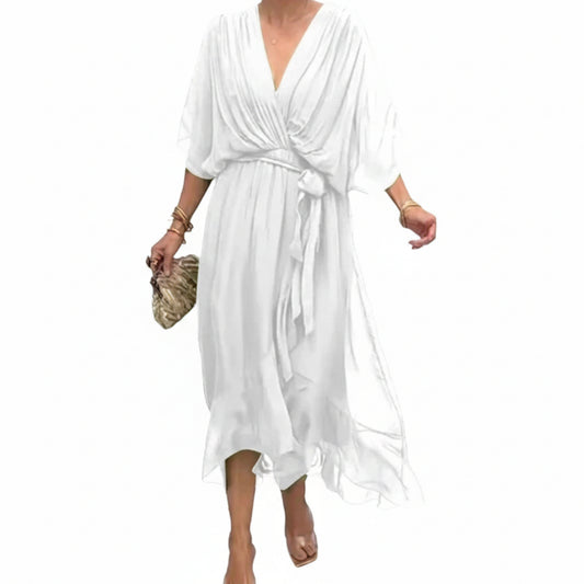 Women's Wrap Midi Dress with V-Neck and Tie Belt - 1