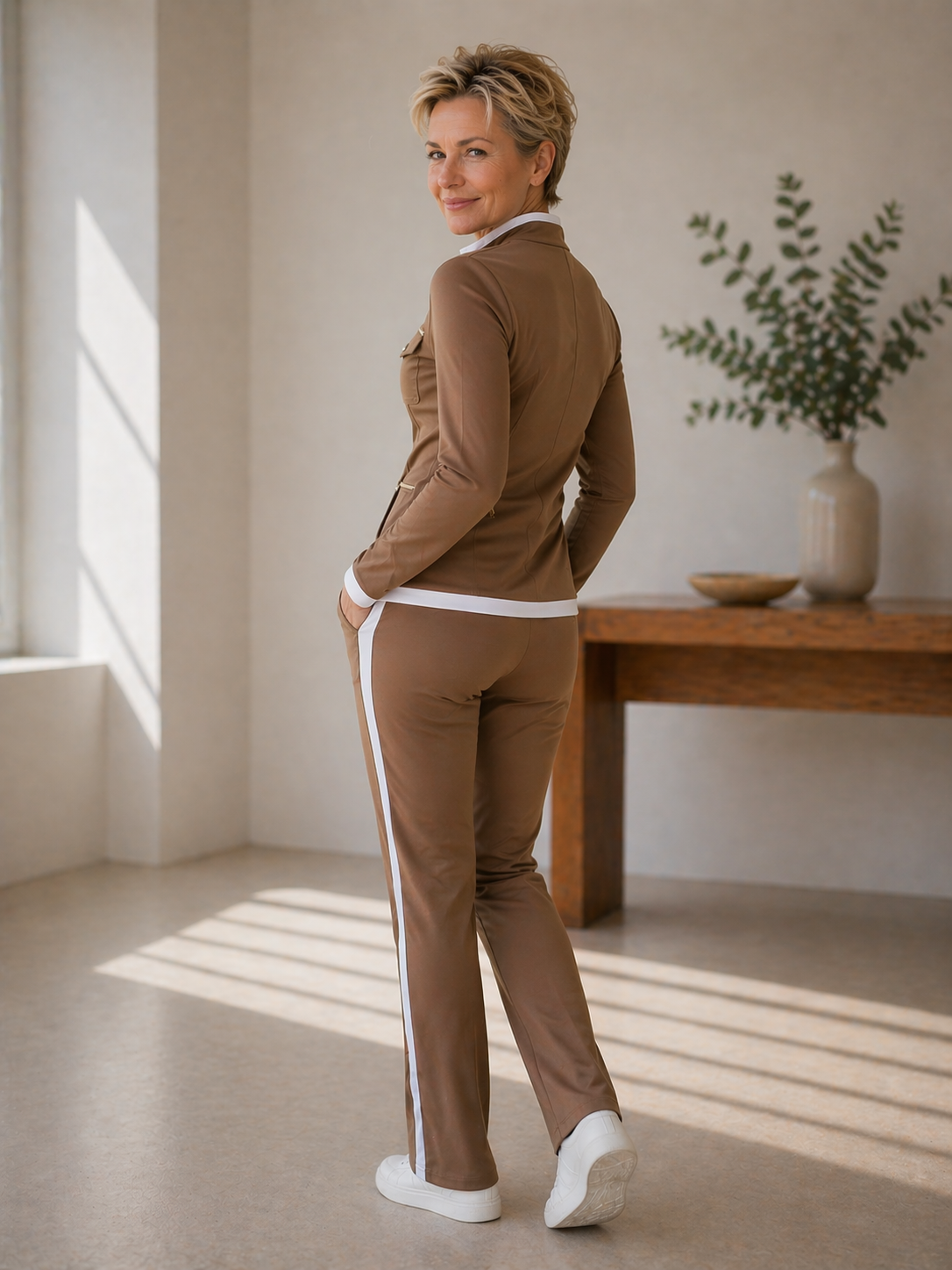 Women's Zip-Up Jacket and Wide-Leg Trousers Co-ord Set with Stand Collar